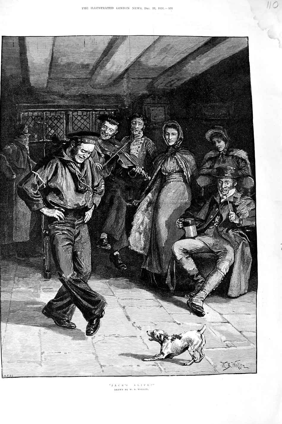 Original Old Antique Print 1891 Wollen Fine Art Sailor Dancing Music Dog 19th
