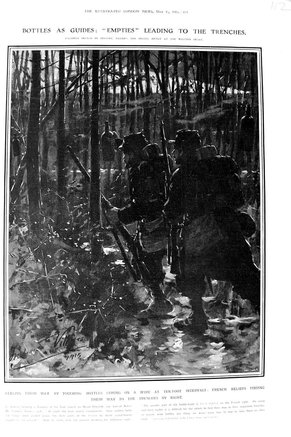 Original Old Antique Print 1915 War French Siers Bottle Guides Trenches Night