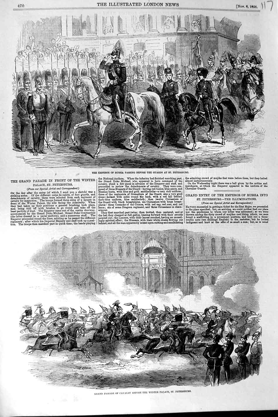 Original Old Antique Print 1856 Emperor Russia Petersburg Winter Palace Cavalry