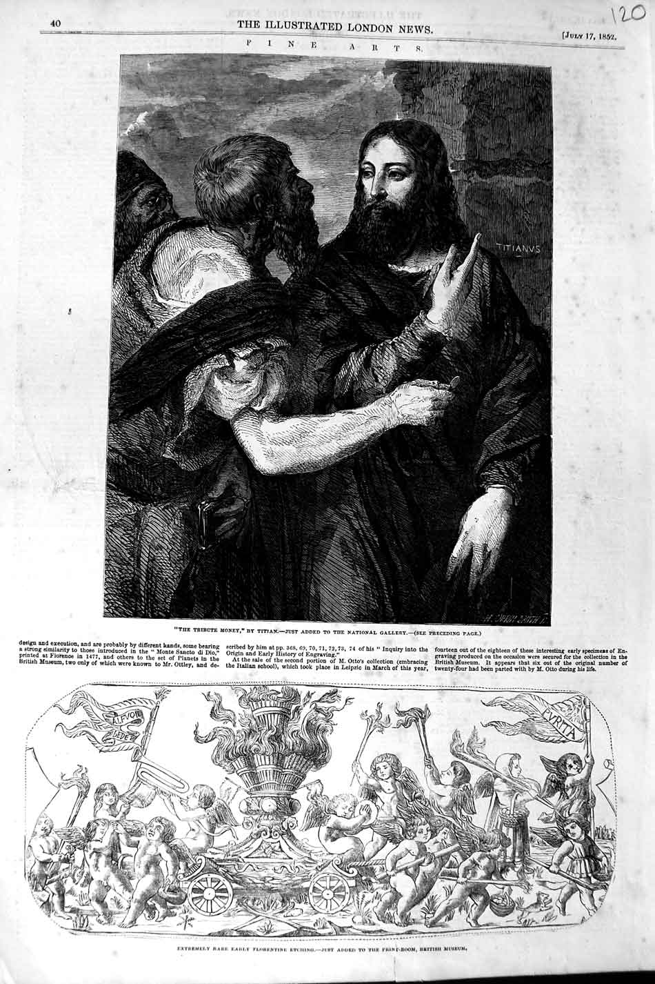 Original Old Antique Print 1852 Florentine Etching British Museum Tribute Money