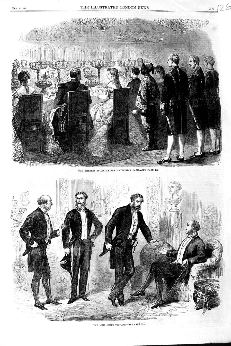 Original Old Antique Print 1869 Empress Eugenie Abyssinian Page Court Costume