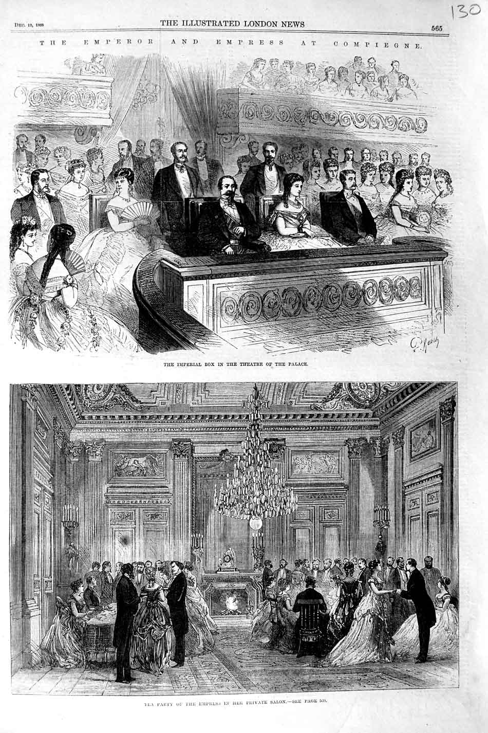 Original Old Antique Print 1868 Imperial Box Theatre Palace Compiegne Empress