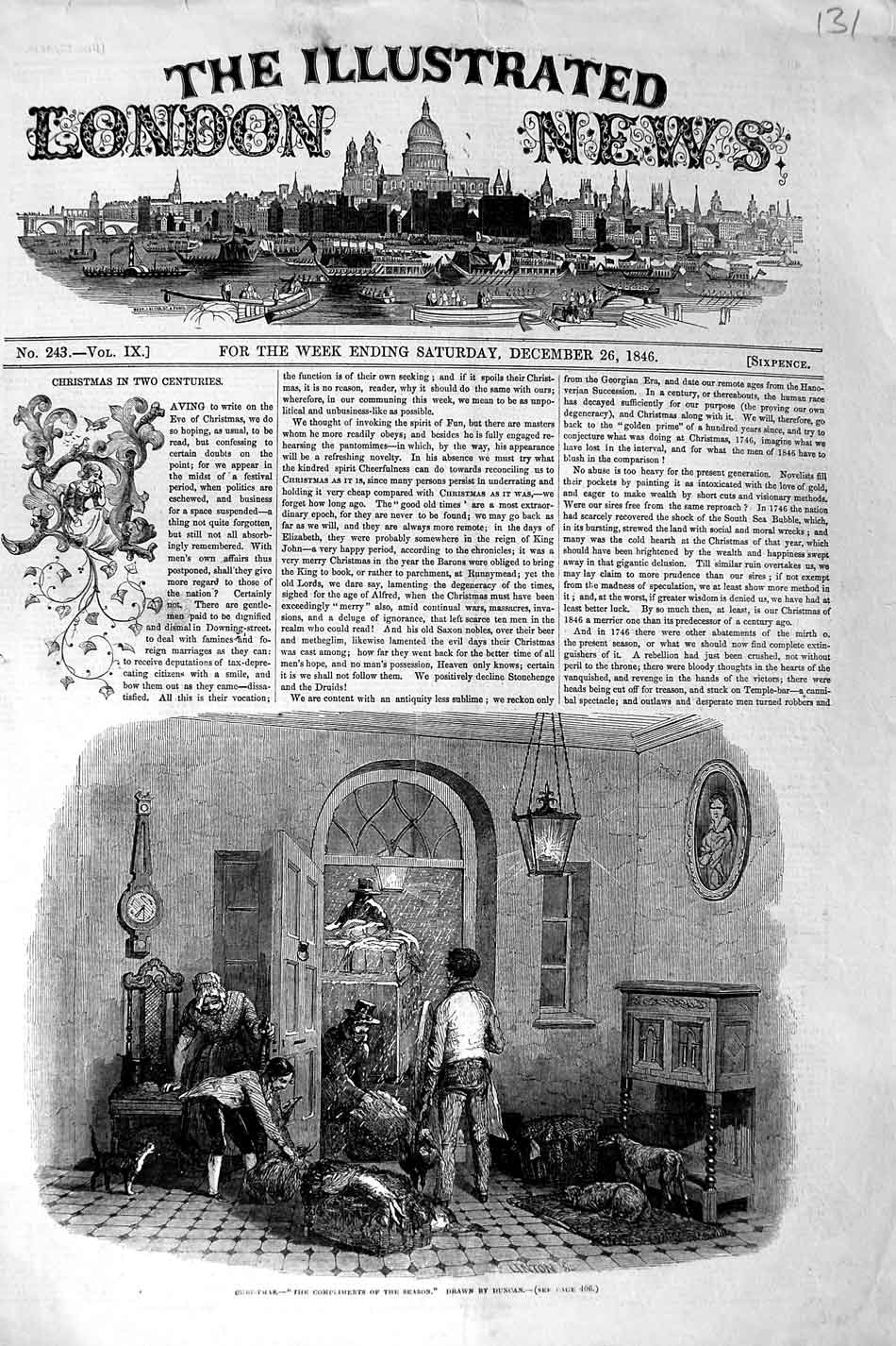 Original Old Antique Print 1846 Christmas Snow Family Home Dogs Duncan 19th
