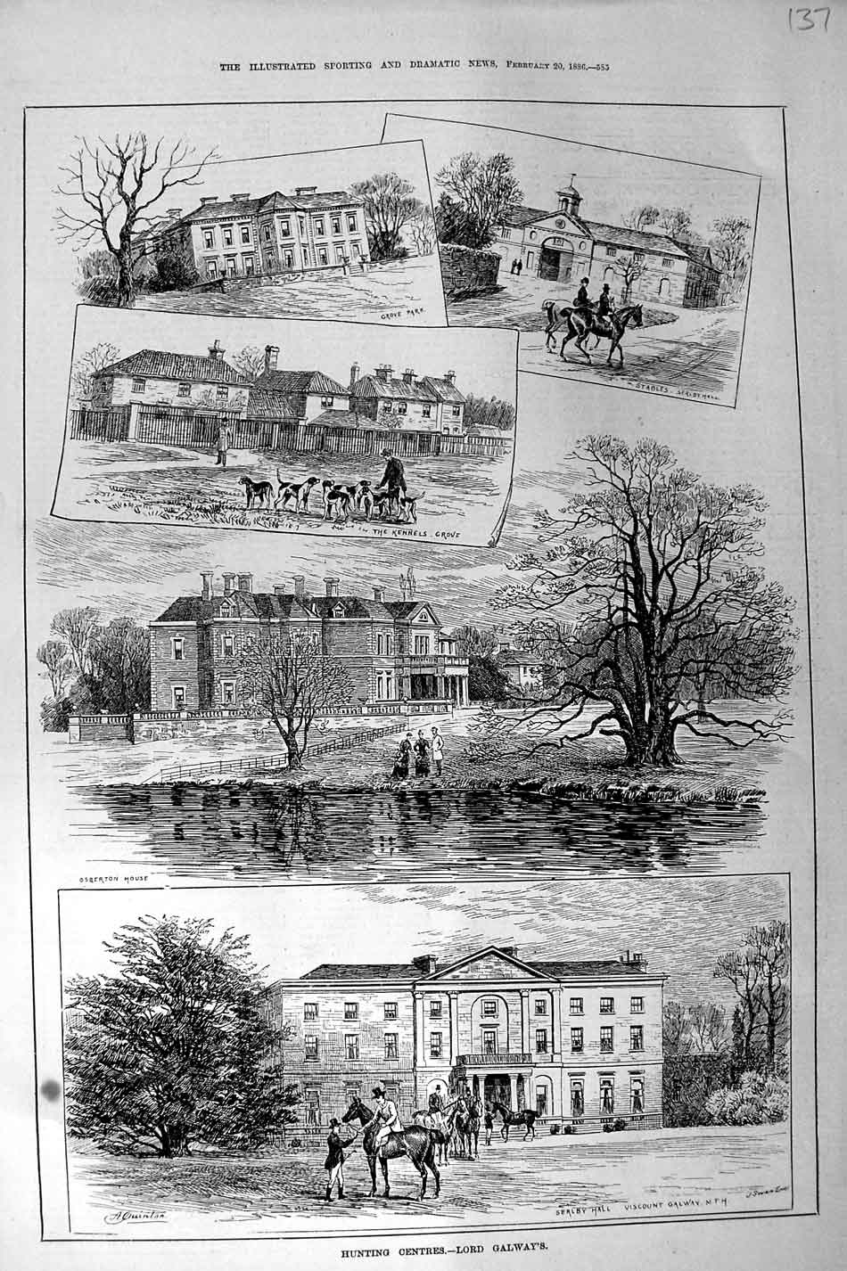 Original Old Antique Print 1886 Hunting Lord Galway Grove Park Osberton Serlby