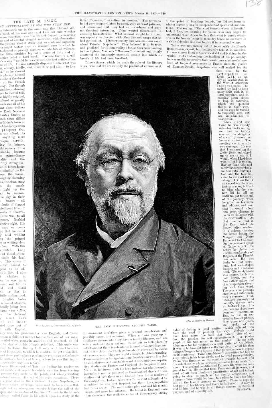 Original Old Antique Print 1893 Portrait Hippolyte Adolphe Taine 19th