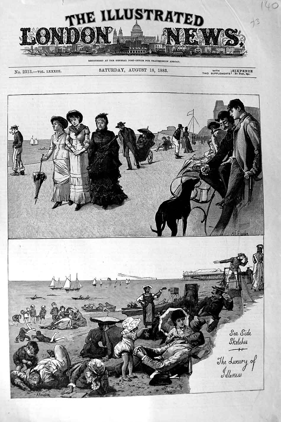 Old Antique Print 1883 Sea Side Sketches Family Beach Sea Children Dogs 19th