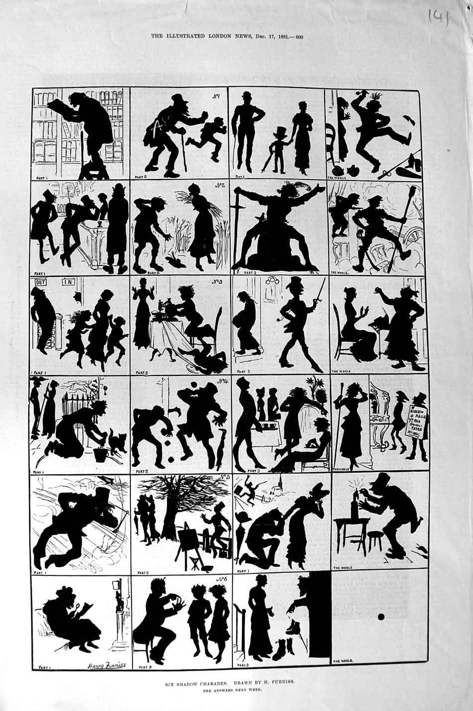 Original Old Antique Print 1881 Shadow Charades Drawing Furniss 19th