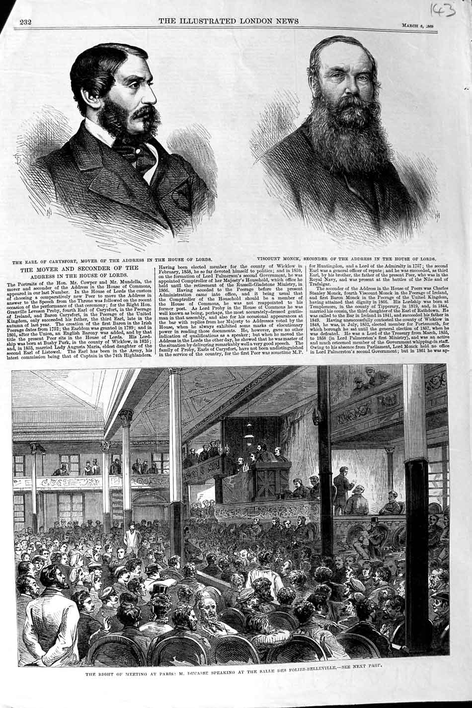 Old Antique Print 1869 Earl Carysfort Viscount Monck House Lords Ducasse 19th