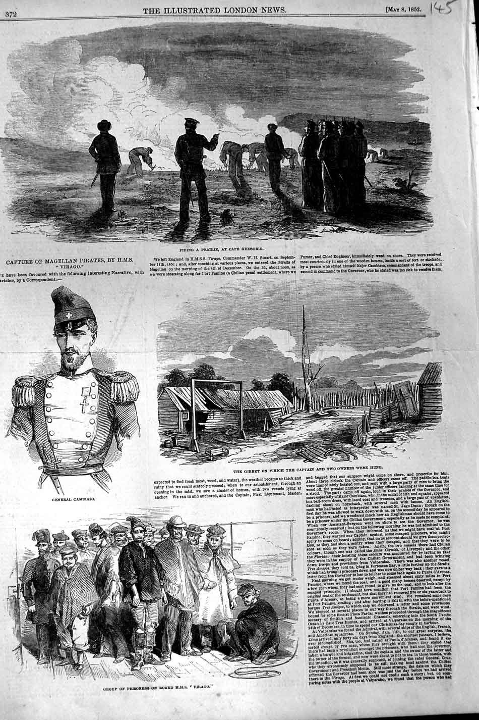 Original Old Antique Print 1852 Prisoners Ship Virago Magellan Pirates Gregorio