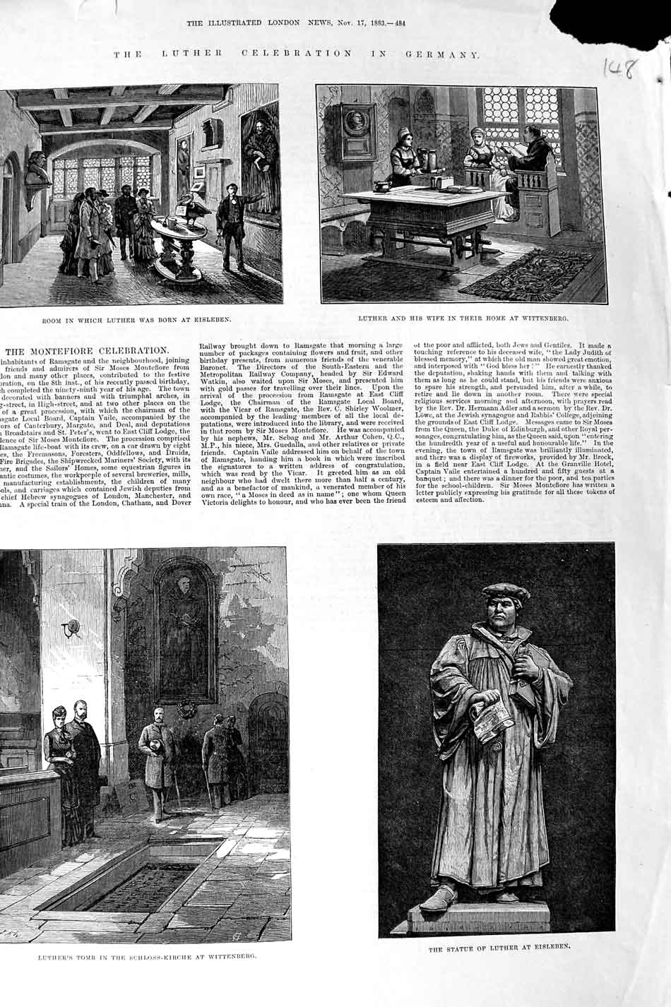 Original Old Antique Print 1883 Statue Luther Tomb Wittenberg Eisleben Germany