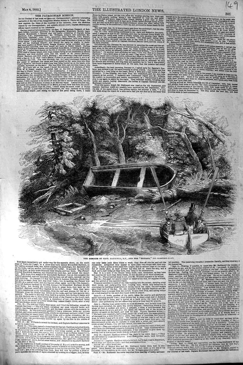 Original Old Antique Print 1852 Remains Gardiner Pioneer Sleeping Boat 19th