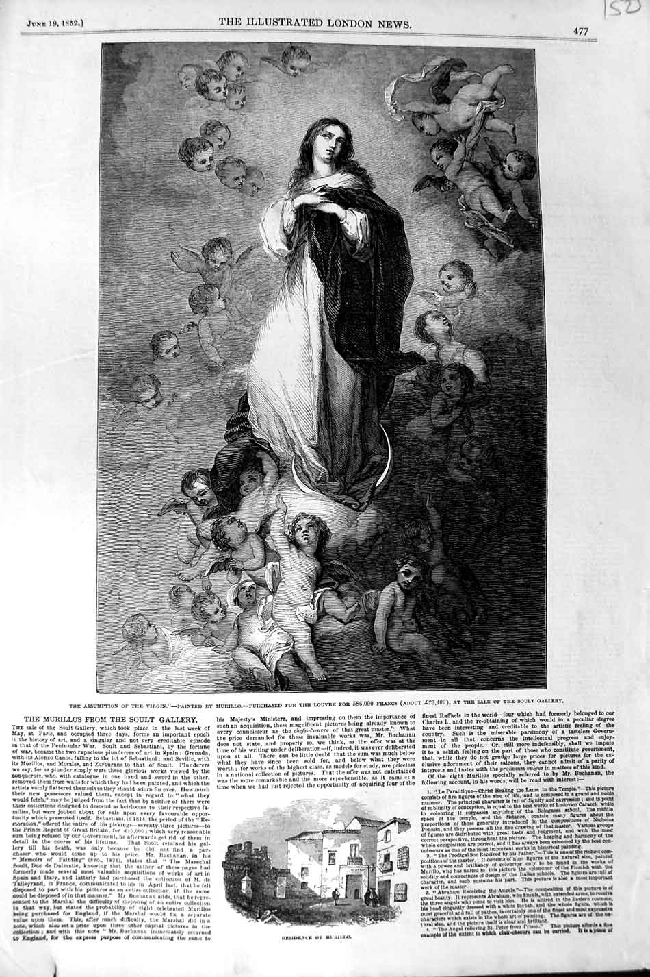 Original Old Antique Print 1852 Murillo House Assumption Virgin Children 19th