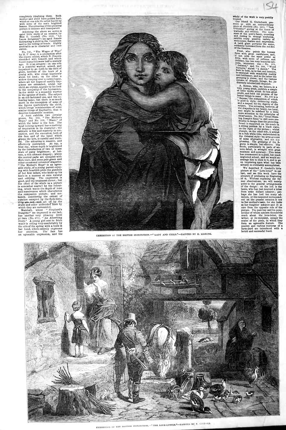 Original Old Antique Print 1852 British Institution Art Lady Child Love Letter