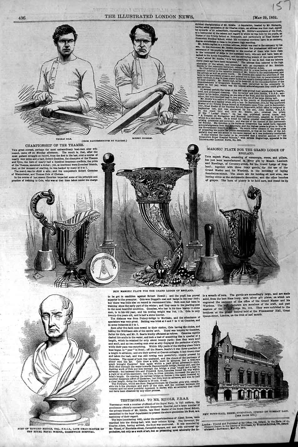 Old Antique Print 1852 Coombes Cole Boat Race Bust Riddle Masonic Plate 19th