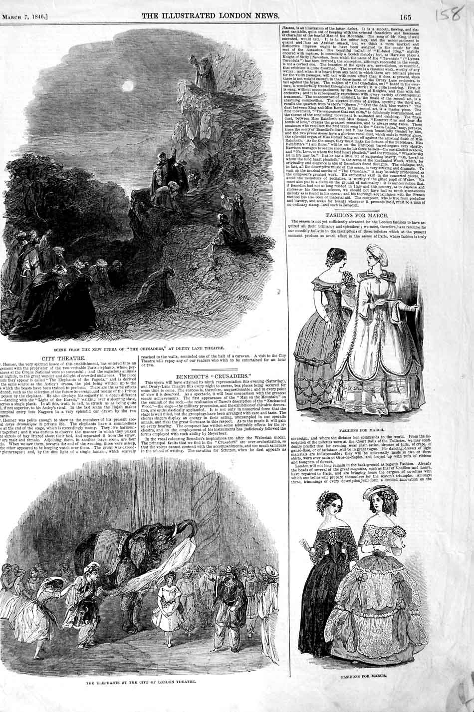 Original Old Antique Print 1846 Opera Crusaders Drury Theatre Elephants Fashion