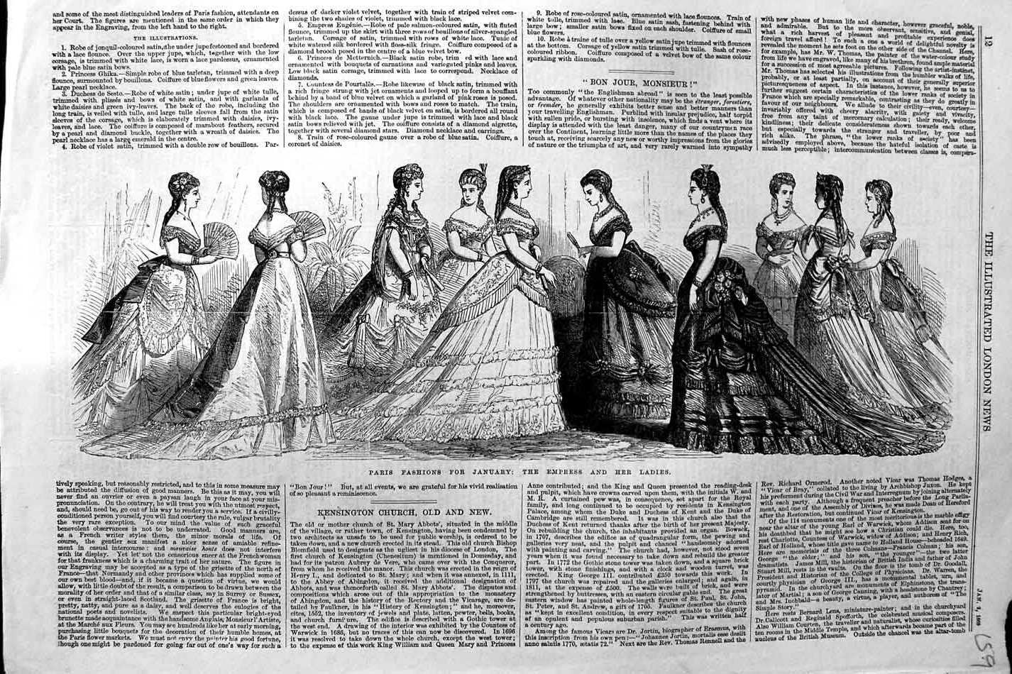 Original Old Antique Print 1869 Empress Ladies Paris Fashion Dresses Victorian