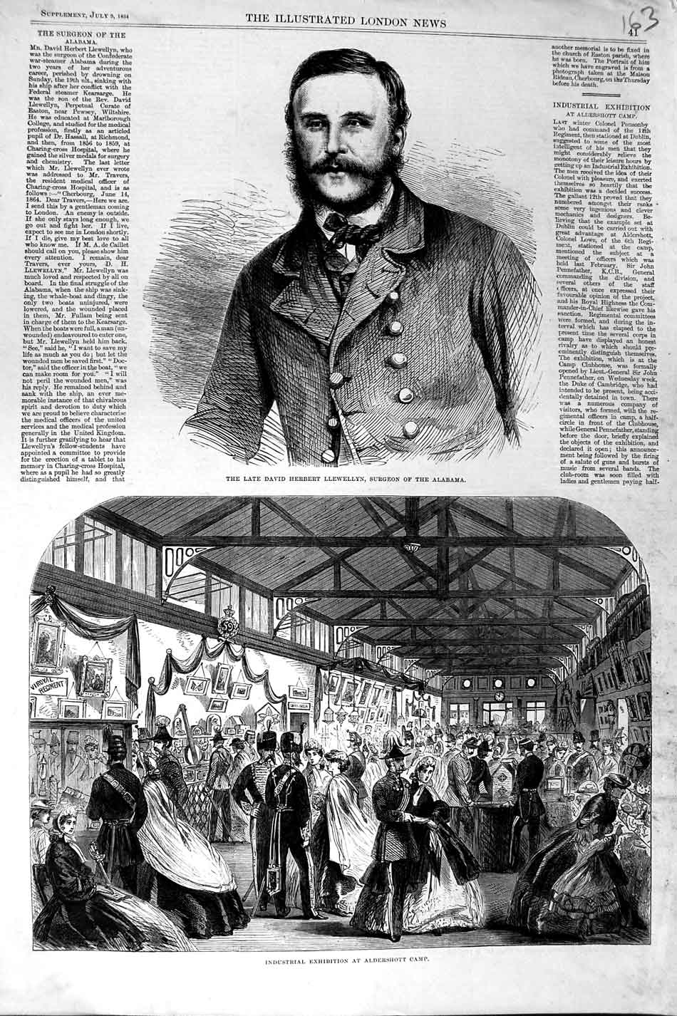 Original Old Antique Print 1864 David Llewellyn Surgeon Alabama Aldershot Camp