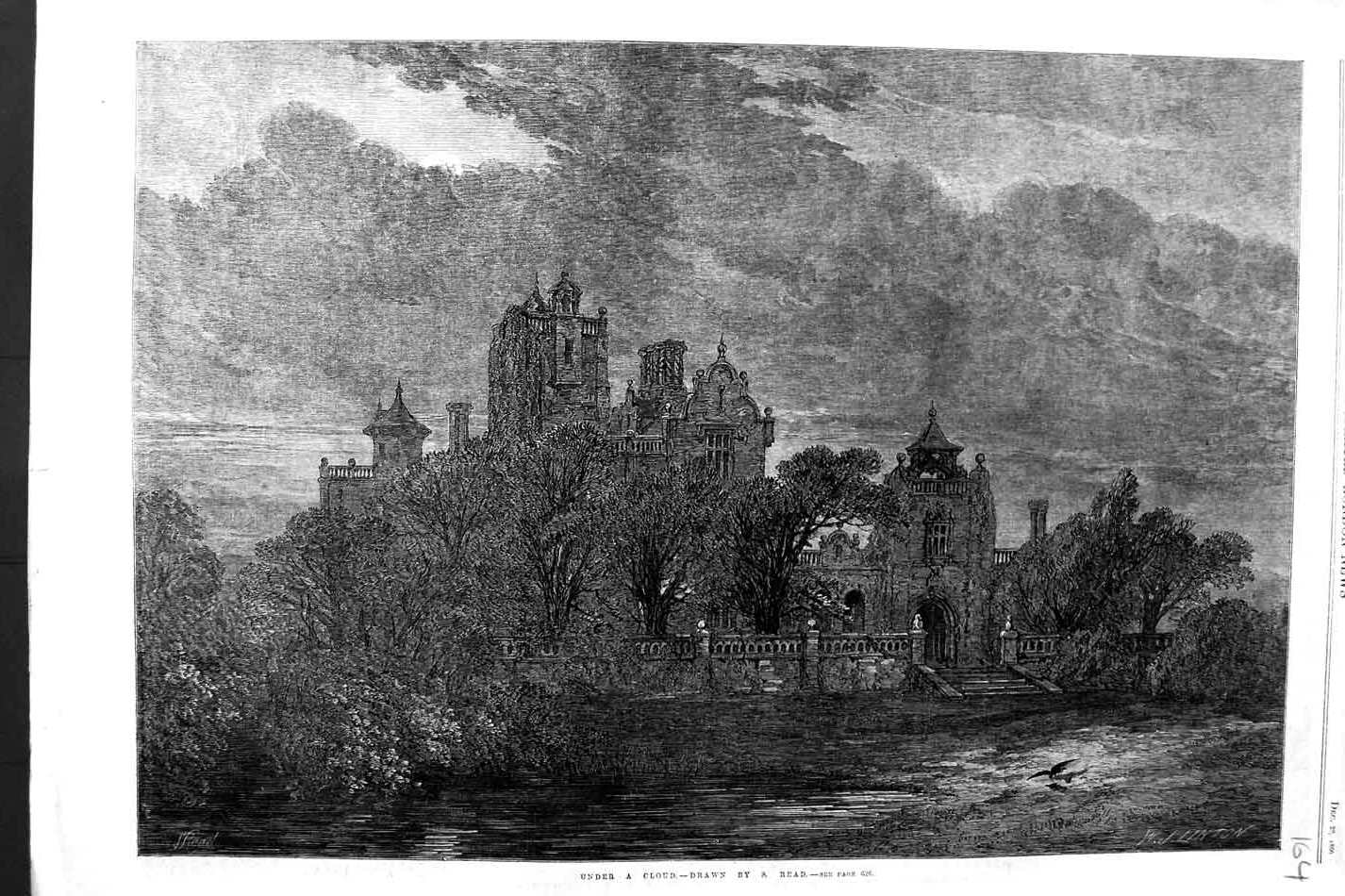 Old Antique Print 1866 Read Fine Art Linton House Architecture Moonlight 19th