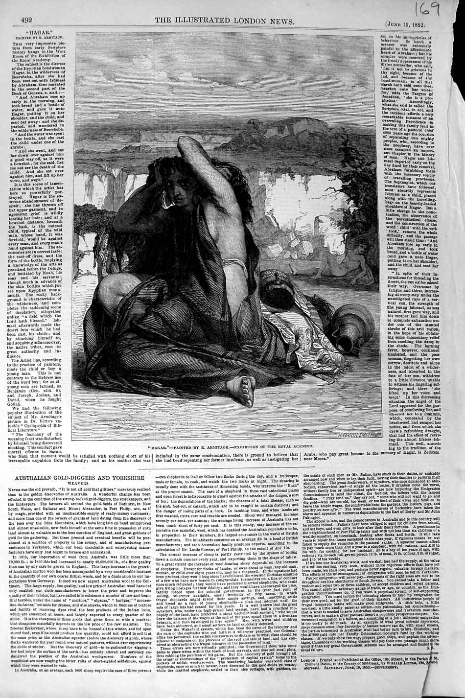 Original Old Antique Print 1852 Royal Academy Smith Art Hagar Girl Woman 19th