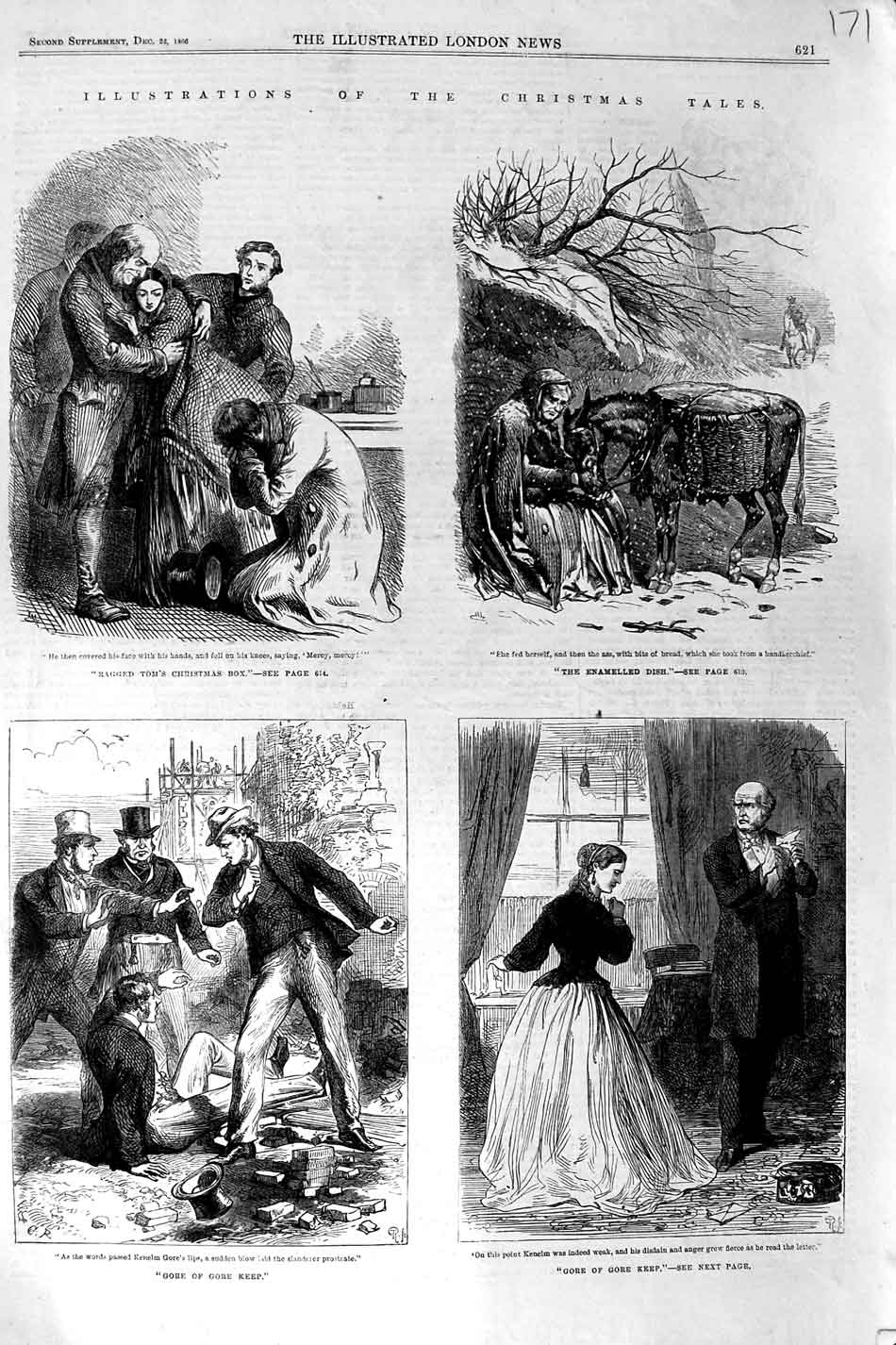 Original Old Antique Print 1866 Christmas Tales Tom Donkey Snow Gore Victorian