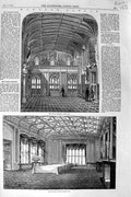 Old Antique Print 1847 Windsor Castle Queen Private Bedroom Guard Chamber 19th