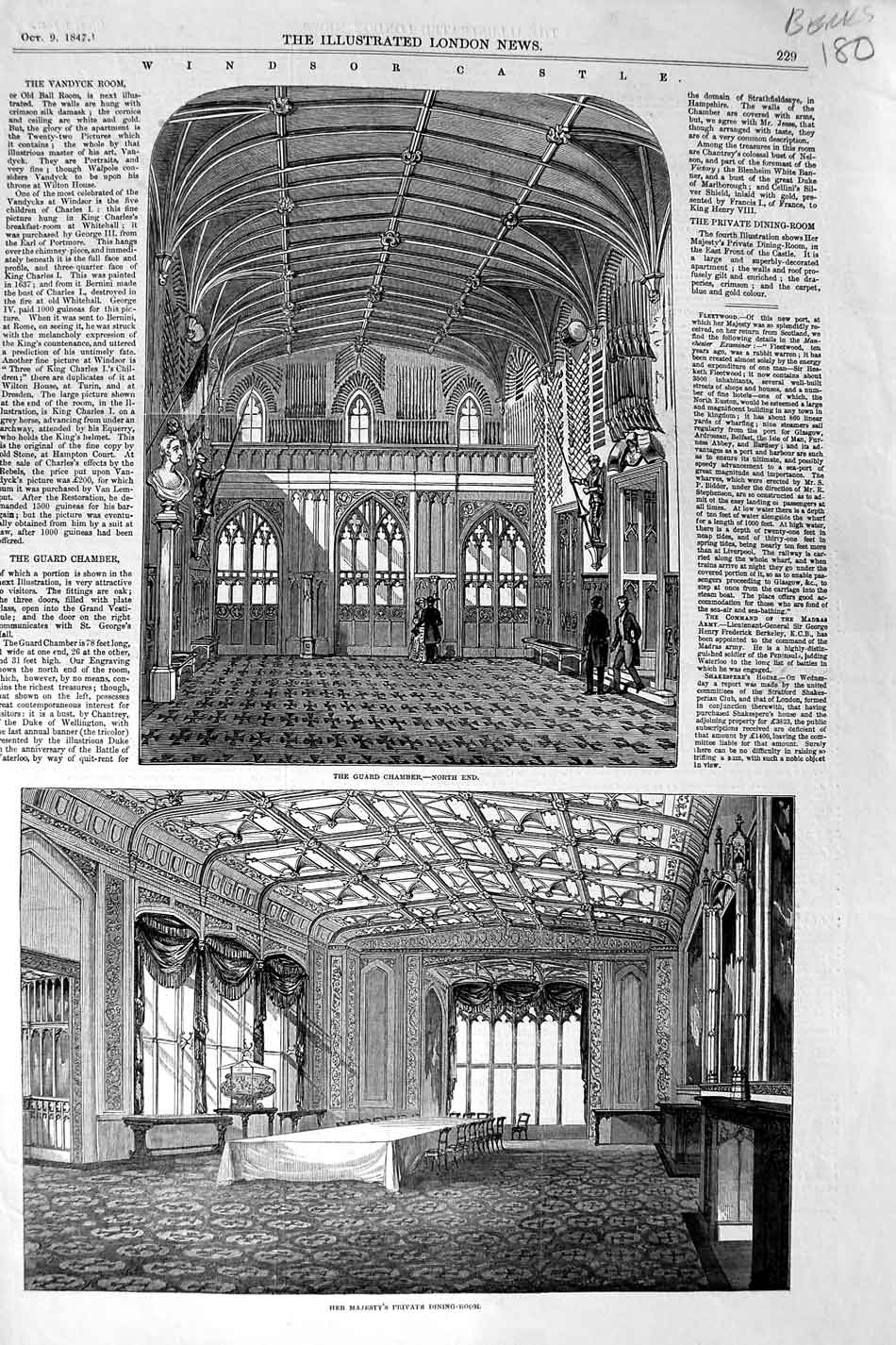 Old Antique Print 1847 Windsor Castle Queen Private Bedroom Guard Chamber 19th