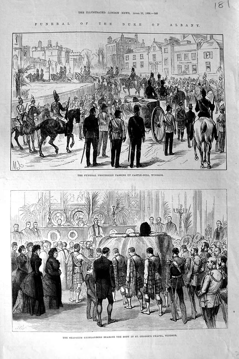 Old Antique Print 1884 Funeral Duke Albany Seaforth Highlanders Windsor 19th