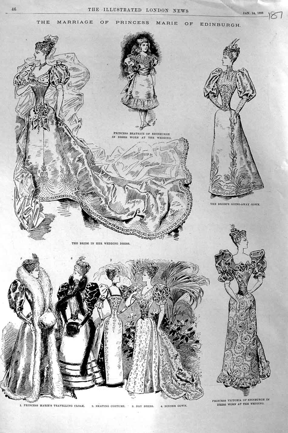 Original Old Antique Print 1893 Marriage Princess Victoria Marie Edinburgh 19th