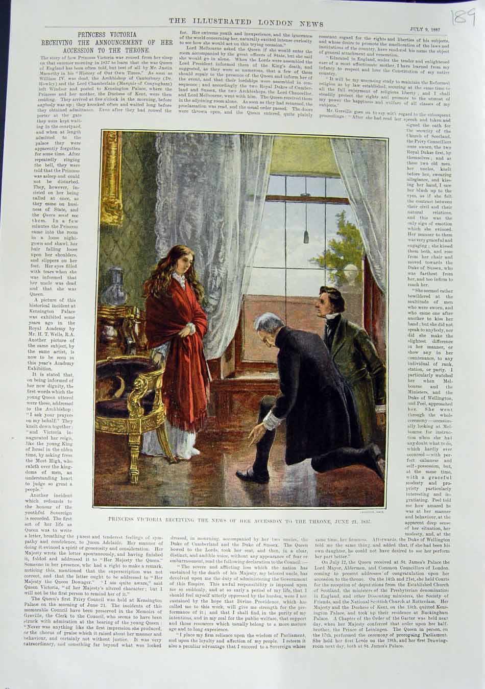 Original Old Antique Print 1887 Princess Victoria News Accession Throne Colour