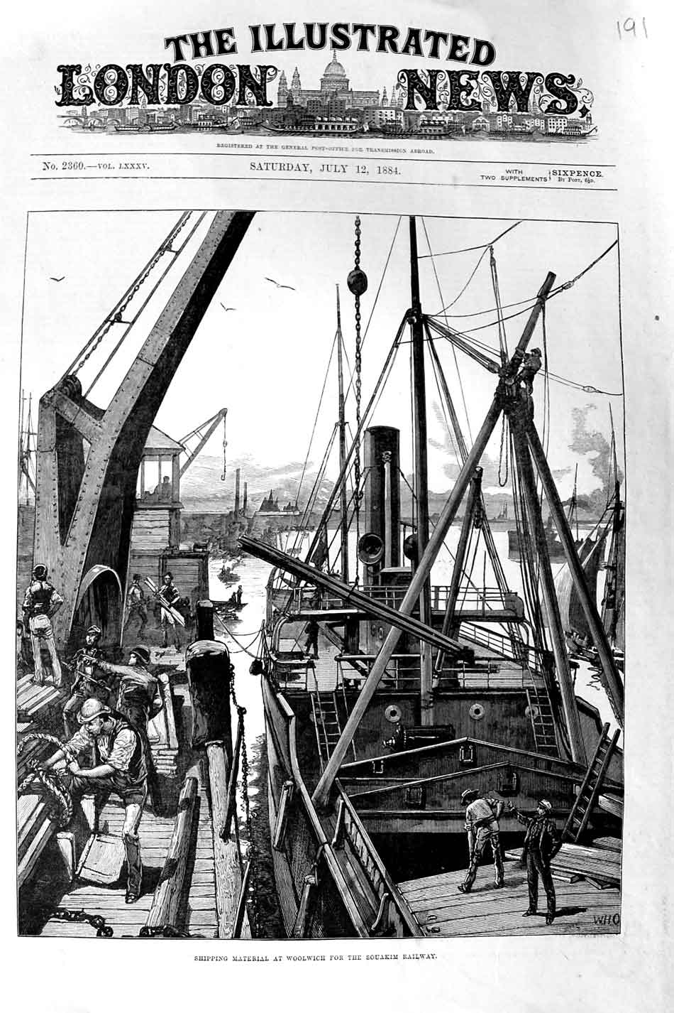 Original Old Antique Print 1884 Shipping Material Woolwich Souakim Railway Ship