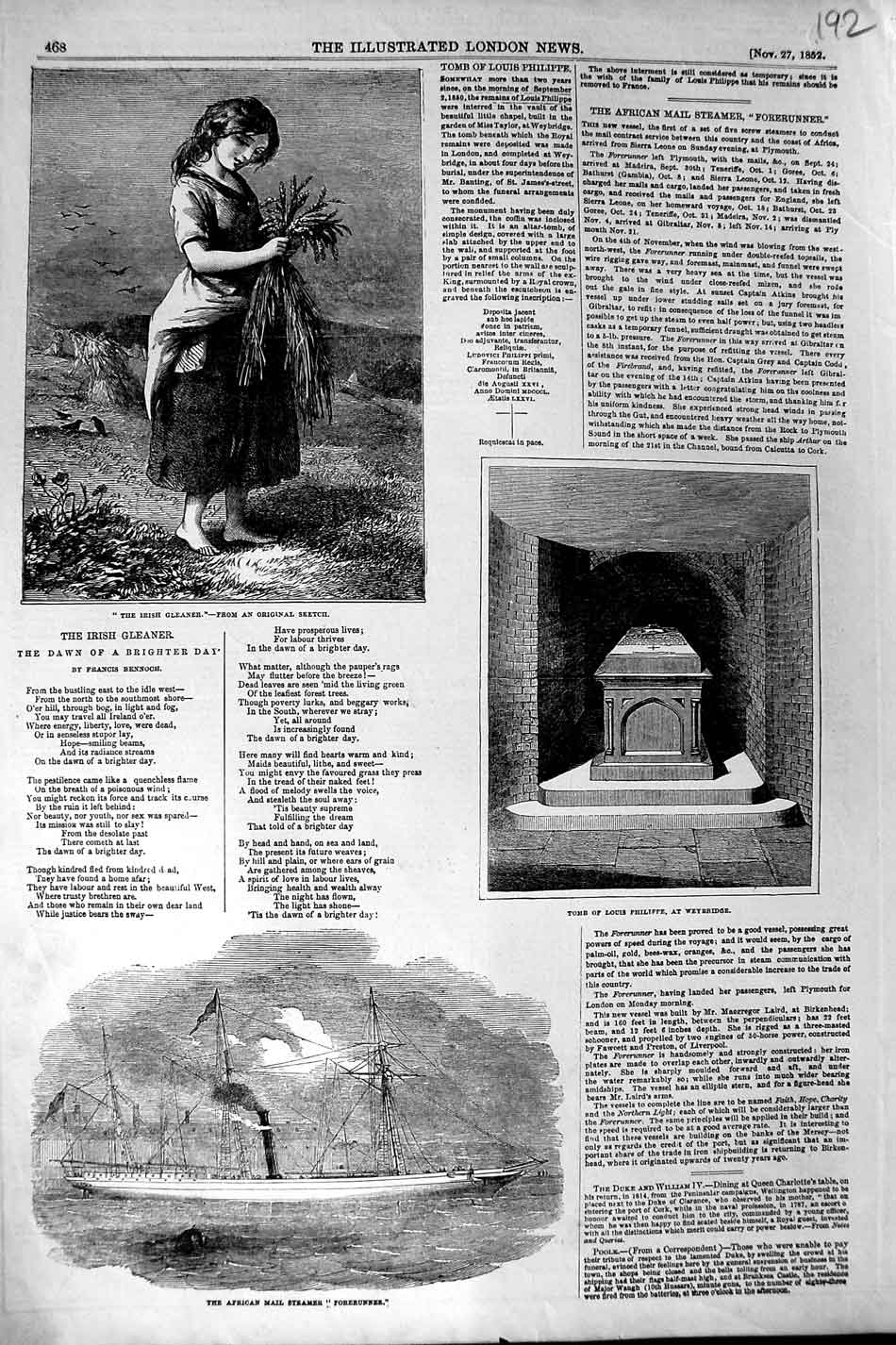 Old Antique Print 1852 African Ship Forerunner Tomb Philippe Irish Girl 19th