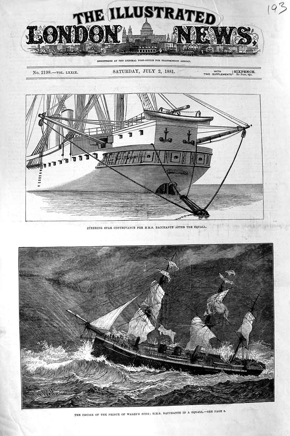 Original Old Antique Print 1881 Steering Spar Ship Bucchante Sea Storm Squail
