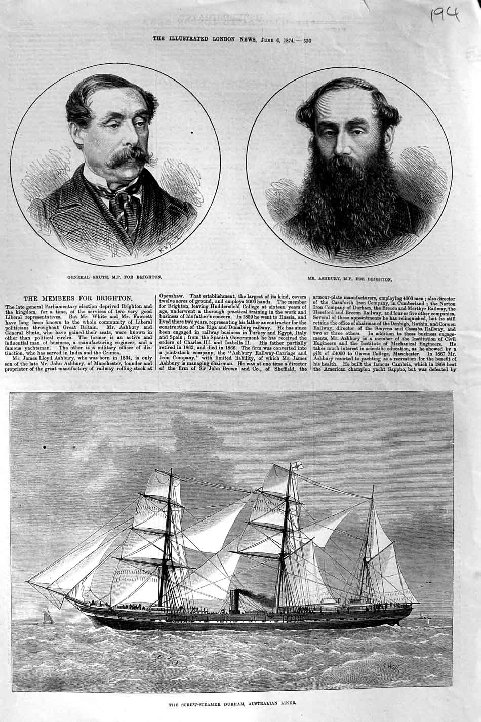 Old Antique Print 1874 General Shute Ashbury Brighton Ship Durham Liner 19th