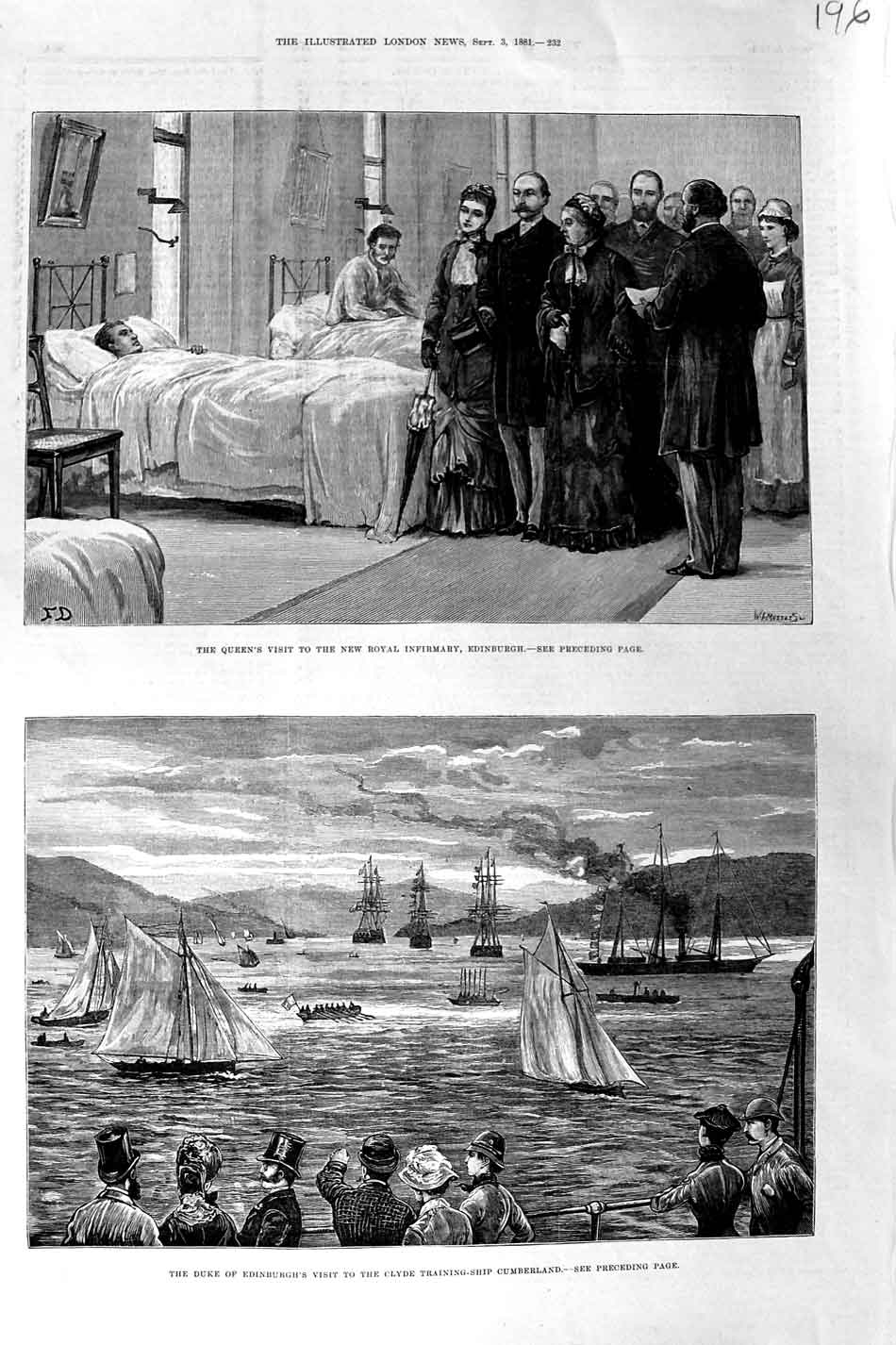 Original Old Antique Print 1881 Queen Hospital Edinburgh Clyde Ship Cumberland