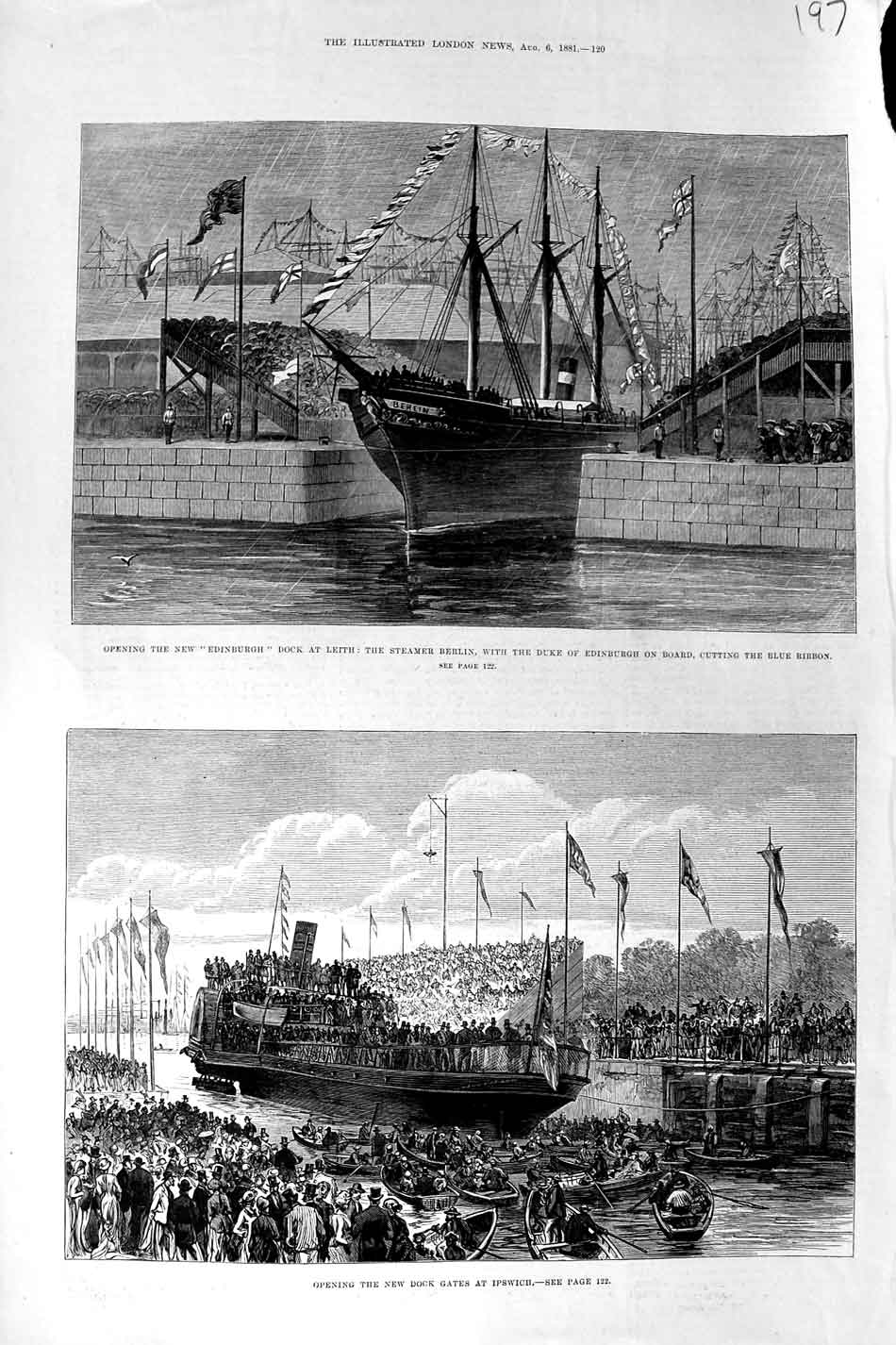 Original Old Antique Print 1881 Duke Edinburgh Dock Leith Berlin Ship Ipswich