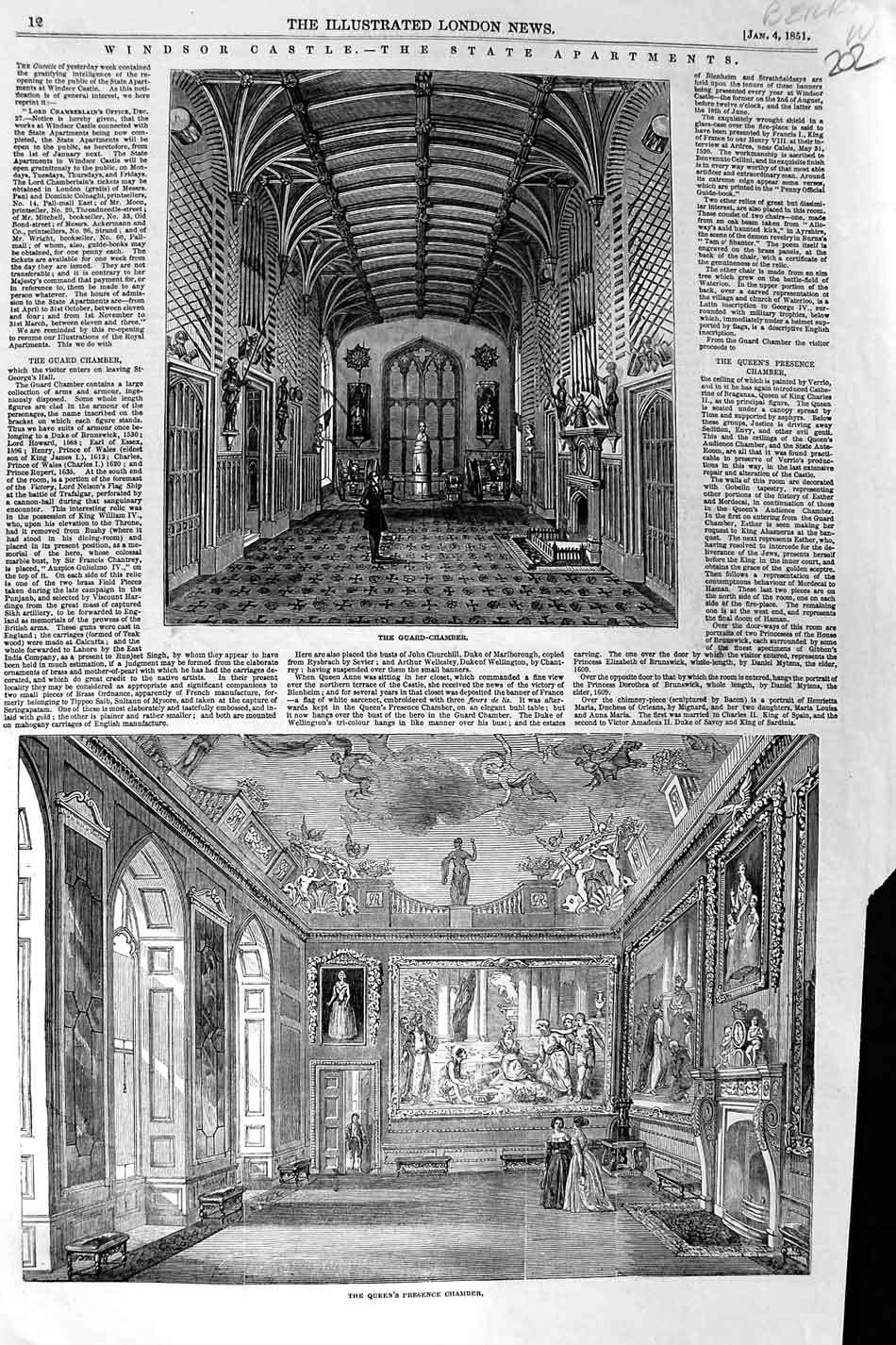 Original Old Antique Print 1851 Windsor Castle Queen Presence Guard Chamber