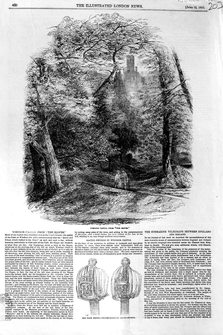 Original Old Antique Print 1852 Windsor Castle London Trees Slopes Broad-Swords