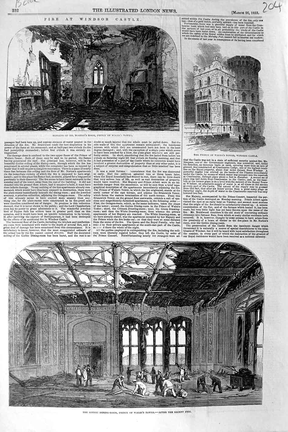Original Old Antique Print 1853 Fire Windsor Castle Norton'S Room Gothic Dining