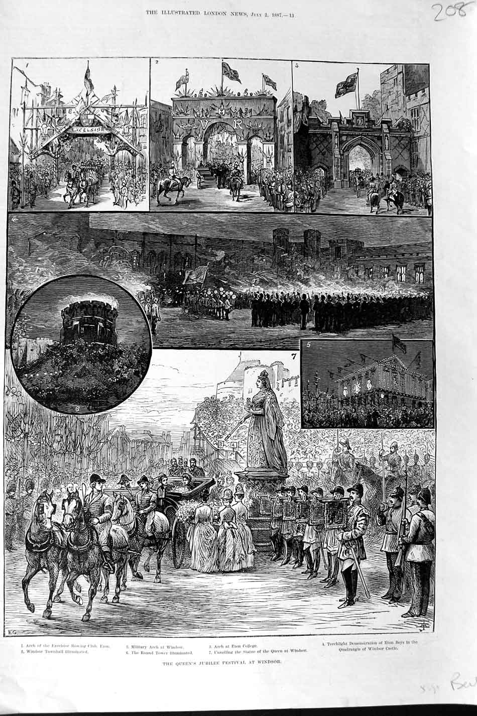Original Old Antique Print 1887 Queen Jubilee Festival Windsor Rowing Eton Boys