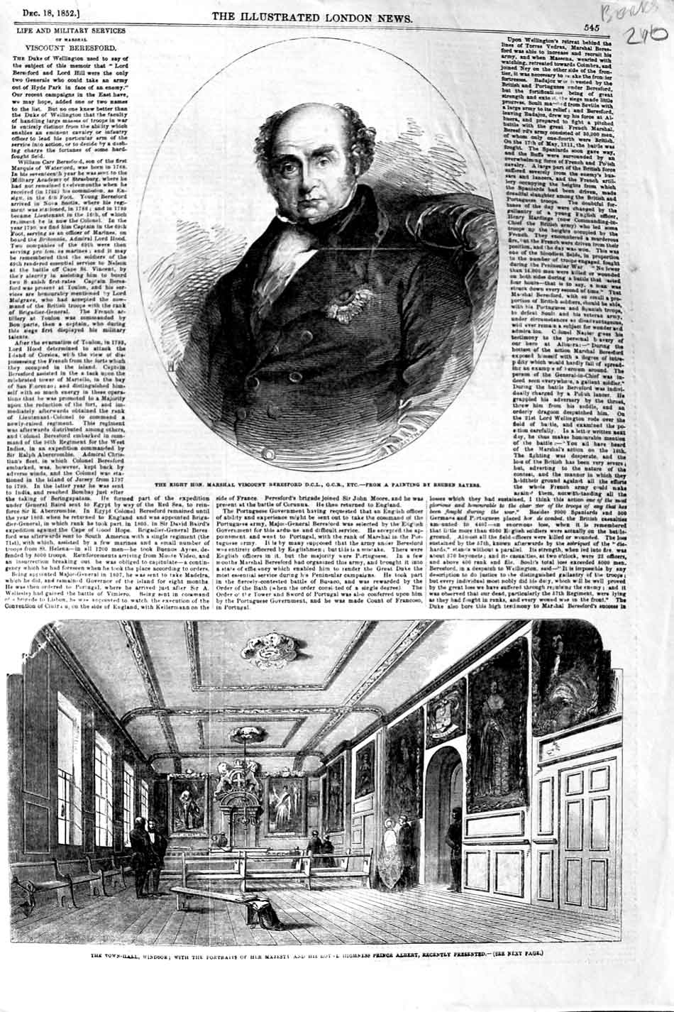 Original Old Antique Print 1852 Marshall Viscount Beresford Hall Windsor Queen