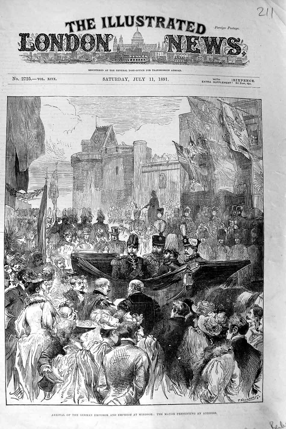 Original Old Antique Print 1891 German Emperor Empress Windsor Mayor Carriage