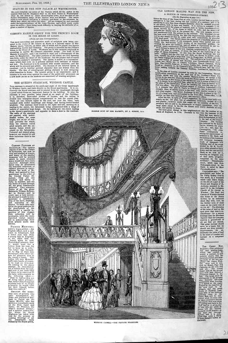Old Antique Print 1855 Marble Bust Majesty Queen Windsor Castle Staircase 19th