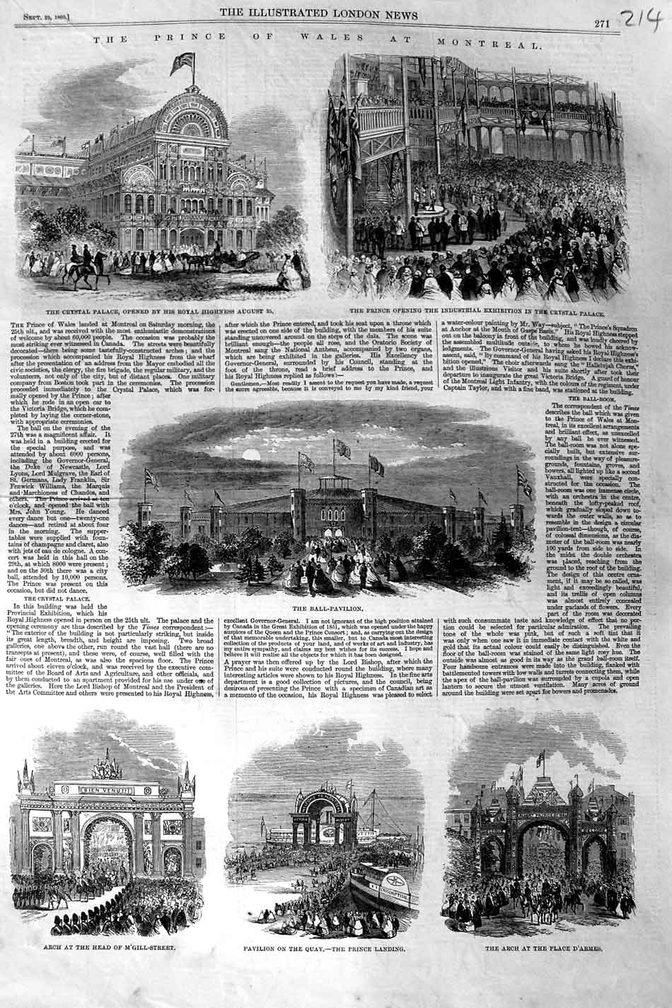 Old Antique Print 1860 Prince Wales Montreal Crystal Palace Ball-Pavilion 19th