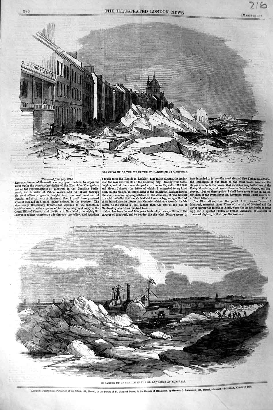 Old Antique Print 1859 Ice St. Lawrence River Montreal Steam Boat Canada 19th