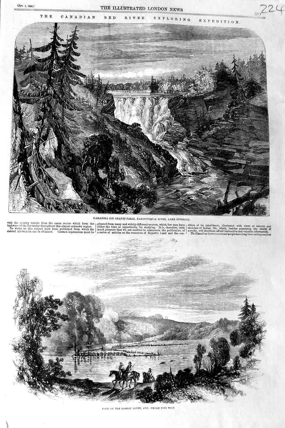 Original Old Antique Print 1858 Kaminitiquia River Lake Superior Canada Roseua
