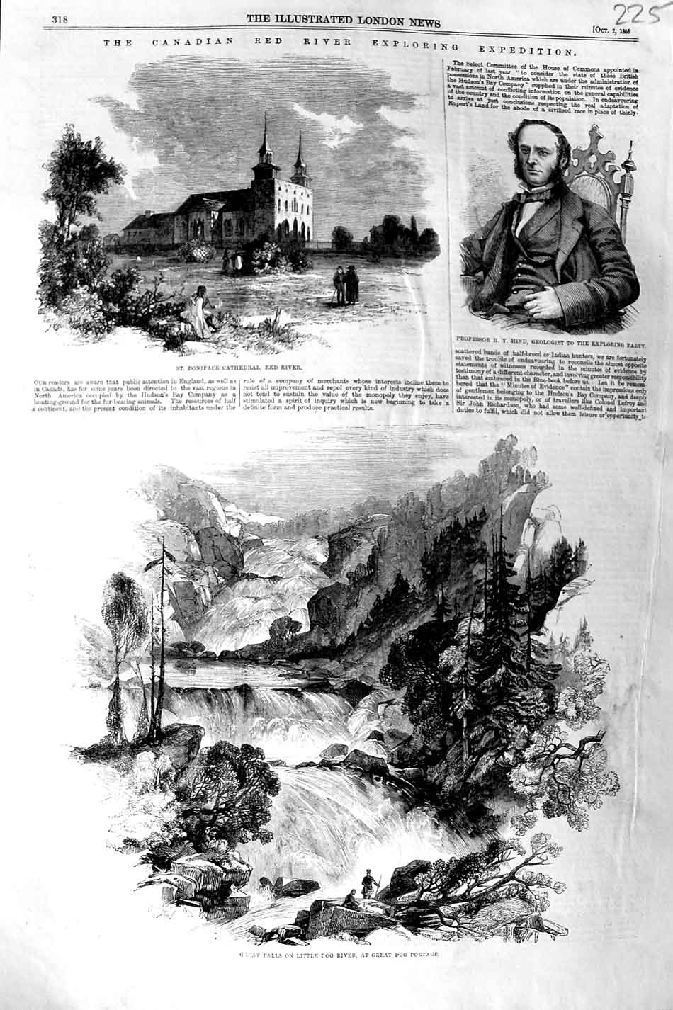 Original Old Antique Print 1858 Boniface Cathedral Red River Canada Dog Portage
