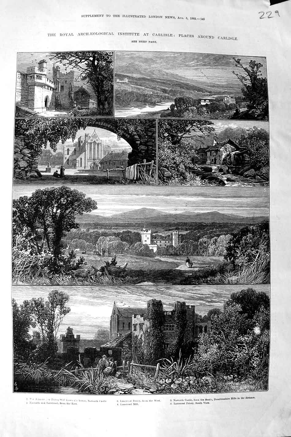 Original Old Antique Print 1882 Carlisle Naworth Castle Lanercost Priory Mill