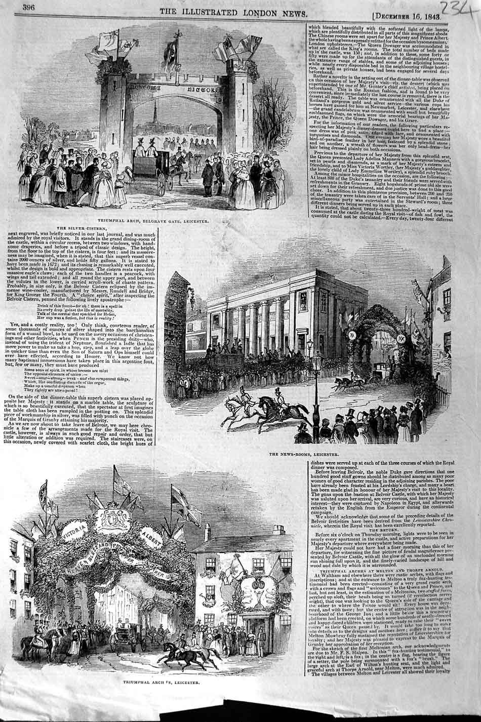Original Old Antique Print 1843 Triumphal Arch Belgrave Leicester News-Rooms