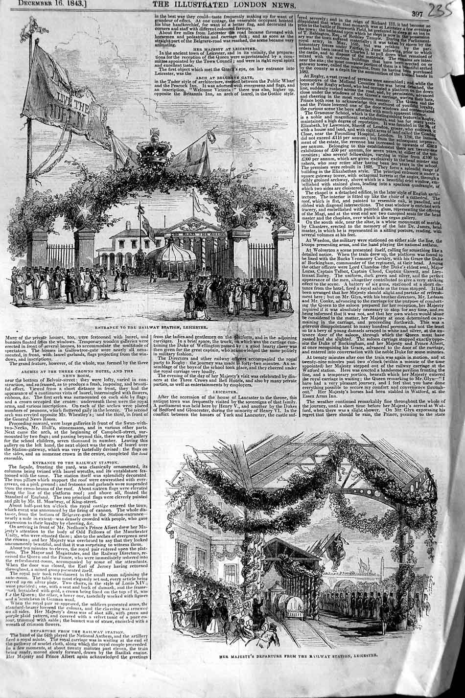 Old Antique Print 1843 Entrance Railway Station Leicester Queen England 19th