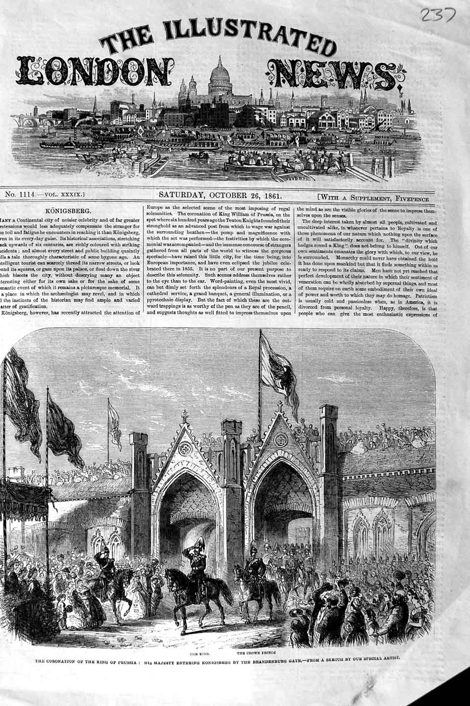 Original Old Antique Print 1861 Coronation King Prussia King Brandenburg Gate
